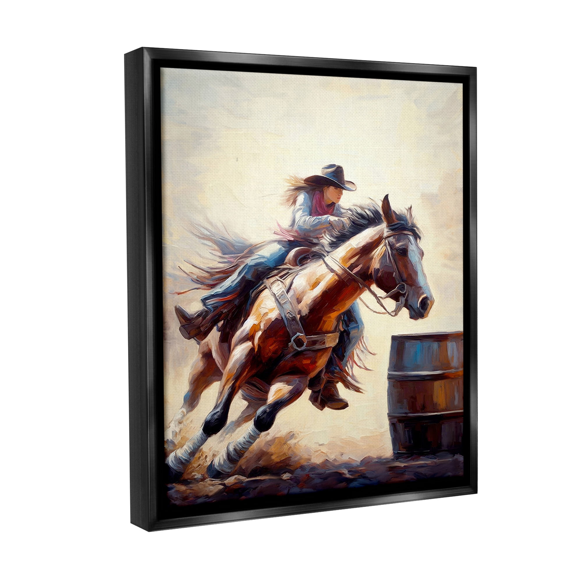 Stupell Industries Galloping Jockey Girl Animals & Insects Painting Black Floater Framed Canvas Art Print Wall Art, 17 x 21
