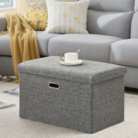 VECELO 24" Collapsible Srorage Ottoman, Linen Big Storage Bench Footrest Stool, Folding Use for Bedroom Living Room, Grey