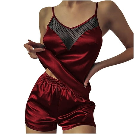 

YWDJ Pajamas for Women Women Fashion Solid V-Neck Hollow Out Sleveeless Leisure Lounge Wear Sleepwear Suit Wine XXXXXL