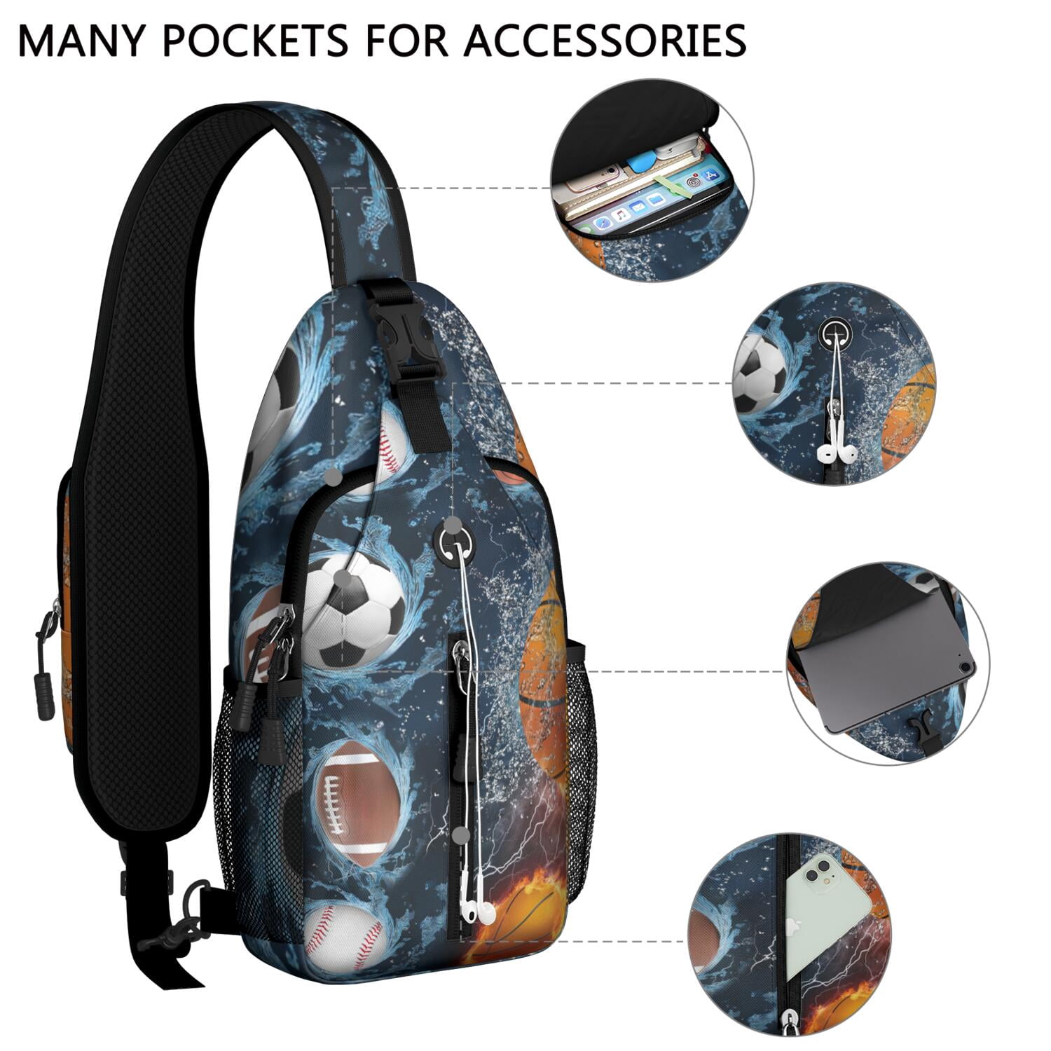 Athlete’s Team Sling Backpack for Softball and Football Lovers – Durable Crossbody Bag Featuring Breathable Padding, Anti-Theft Pocket, Mesh Side Pockets, Adjustable Strap, Ideal for Trai