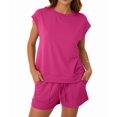 thumbnail image 3 of Womens Crew Neck Two Piece Short Sets Cap Sleeve Drawstring Summer Sweatsuit with Pocket Rose Red L, 3 of 9
