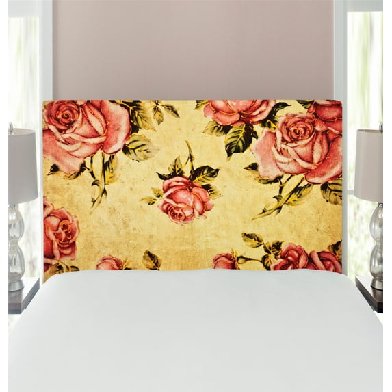 Rose Headboard, Old Fashioned Victorian Style Pattern Dramatic Color Bohemian Art Design, Upholstered Decorative Metal Bed Headboard with Memory Foam, Twin Size, Cream Pink Green, by Ambesonne