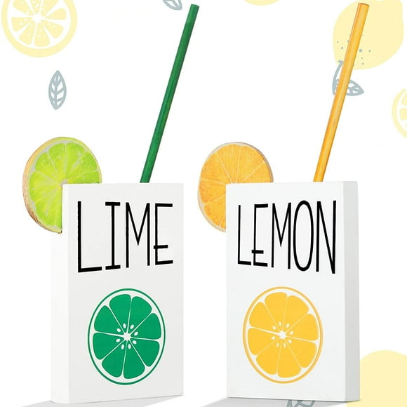 2 Pieces Lemon Wooden Tiered Tray Decor Wood Juice Box Fresh Lemonade Lime Resin Lemon Straws Summer Time Decor Farmhouse Stand Rustic Kitchen Signs