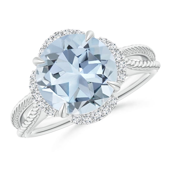 ANGARA Natural Round 3.2 ct Aquamarine Rope Pattern Split Shank Cocktail Ring in 14K White Gold for Women (Size-10mm) | March Birthstone, Anniversary, Jewelry Gift for Women | Natural Aquamarine Ring