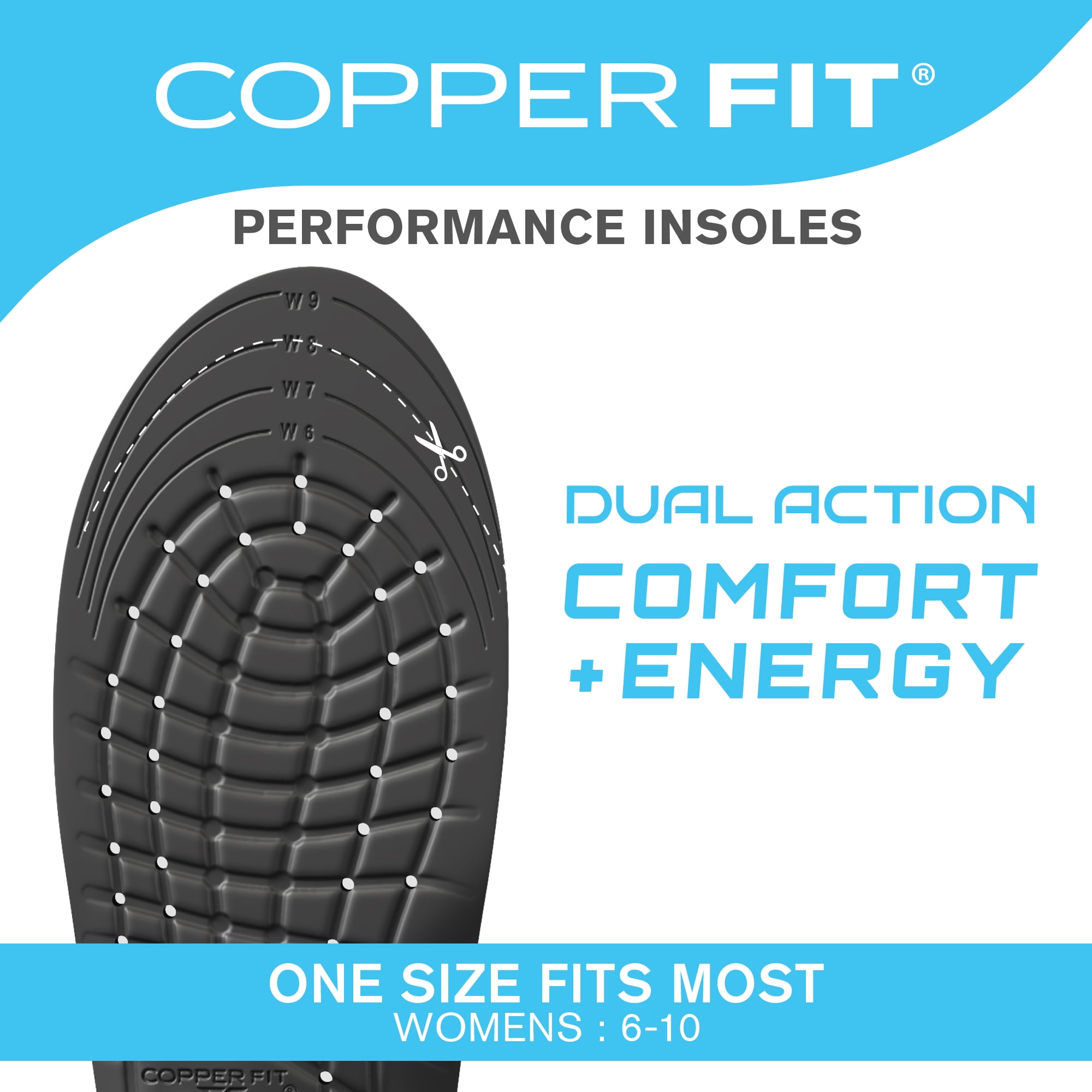 Copper Fit Dual Action Women's Performance Insoles with Gel Cushion, Size 6–10, Blu-Infrared Fabric