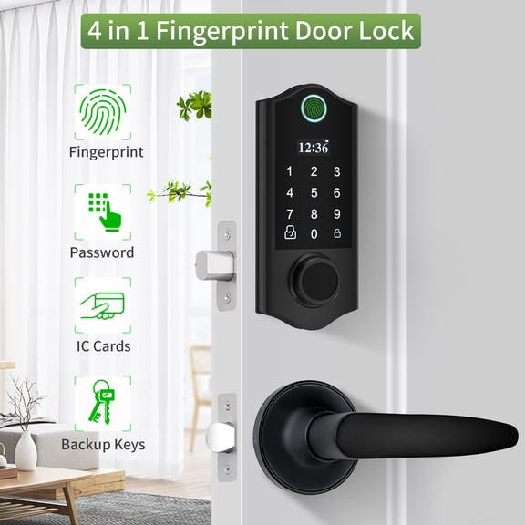 Fingerprint Door Lock with 2 Level Handles, Smart Door Lock, Keyless Entry Door Lock, Door Locks with Keypads, 300 Users, Anti-Peeping Password, Auto Lock & One Touch Unlock Black