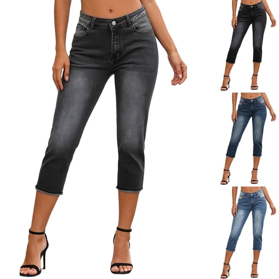 Shadoumai Womens Capri Jeans 2026 Summer High Waisted Button Straight Leg Raw Hem Distressed Denim Capris Pants with Pockets