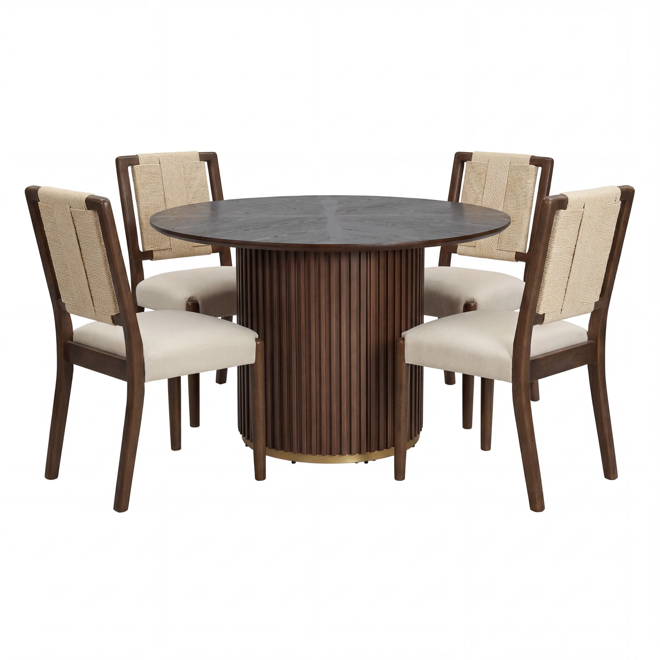 Christopher Knight Home 5-Piece Modern Dining Set, Round Table & Woven Rope Back Chairs, Walnut