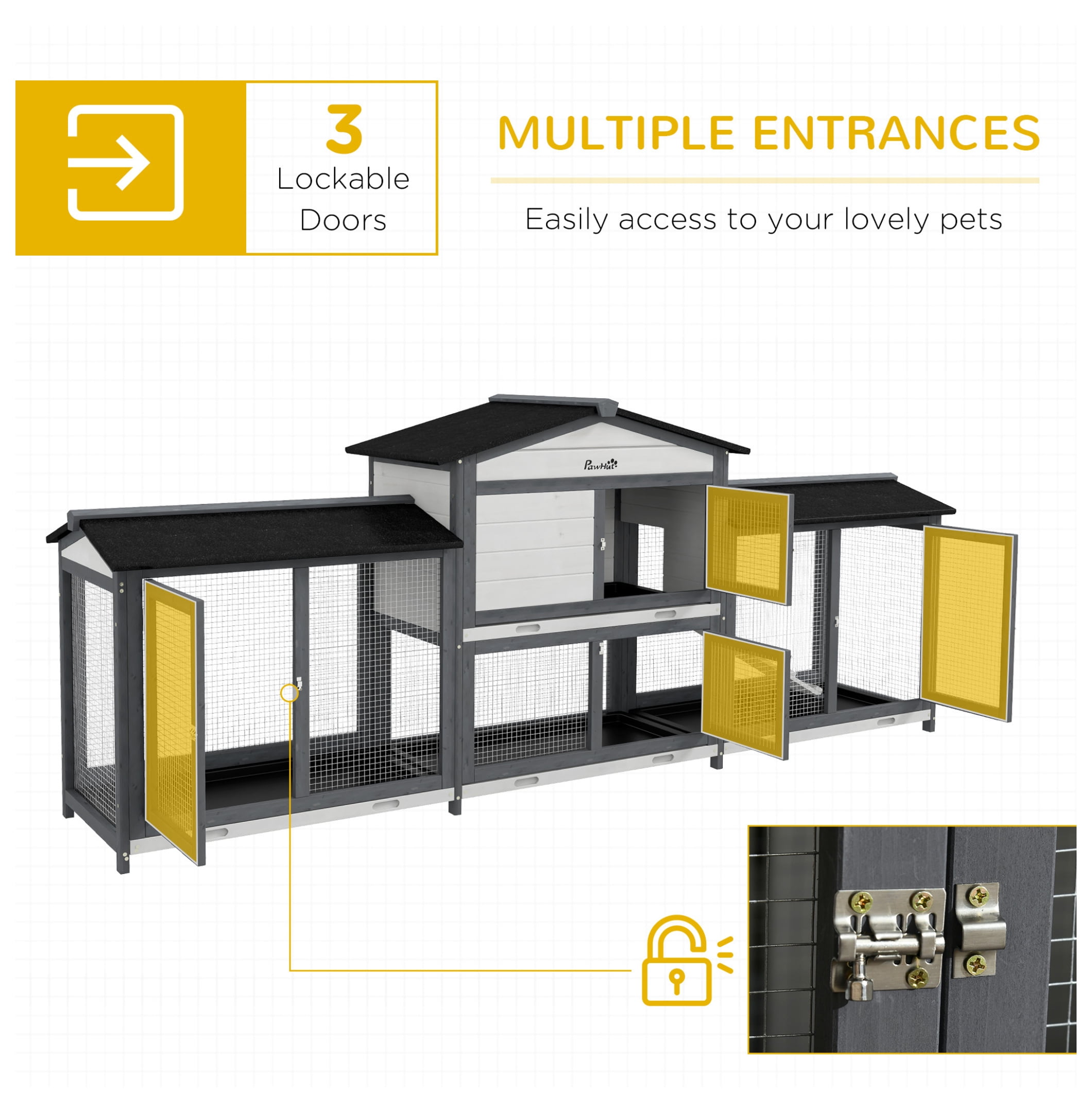 Rabbit Hutch 90.5" Wooden Bunny Cage - Double Run Boxes, Ramp, Pet Playpen for Guinea Pig & Small Animals, Light Gray