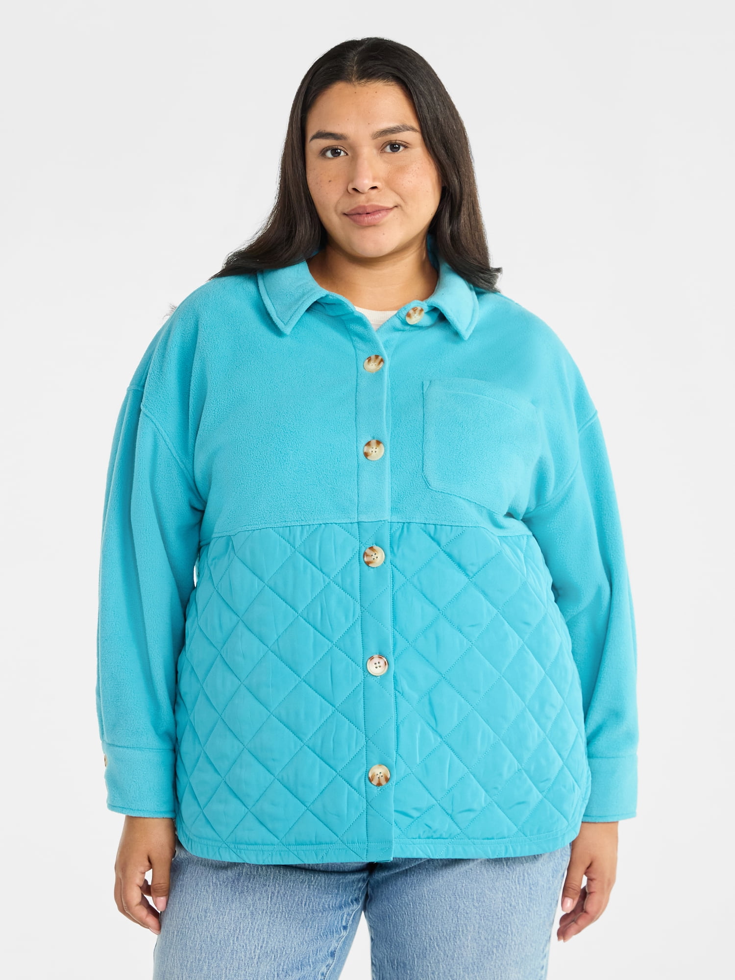 Terra & Sky Women's Plus Size Quilt Mix Button Front Shacket with Long Sleeves, Sizes 1X-5X
