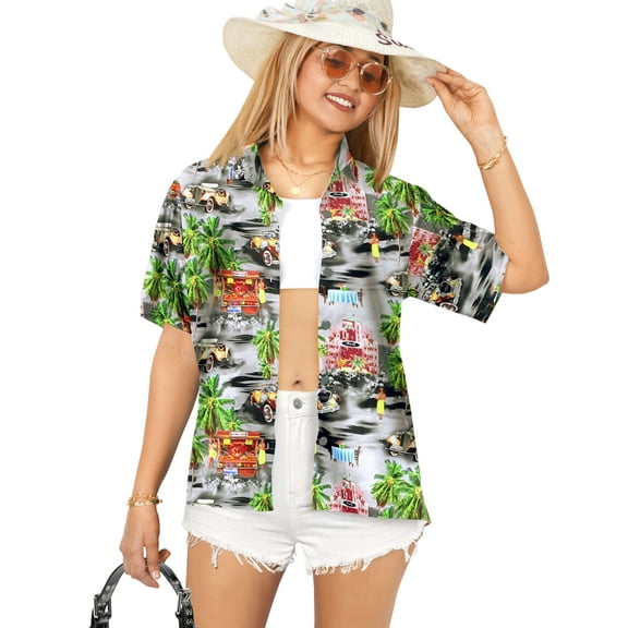 LA LEELA Women's Casual Beach Hawaiian Blouse Shirt Summer Short Sleeve Button Down Dress Tops Tee Shirts Blouses for Women M Hawaii Party, Black