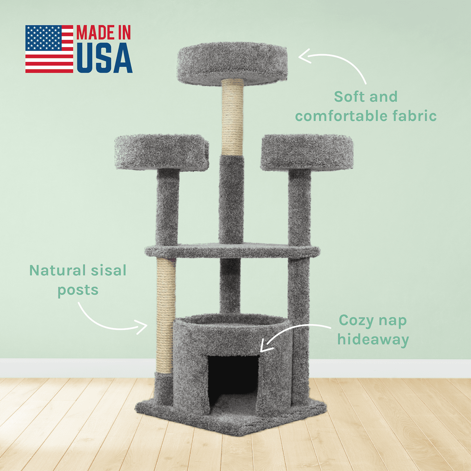 Kitty City Upholstered Multi-Level 54-Inch Indoor Cat Tree with Scratching Posts, House & Perches, Gray