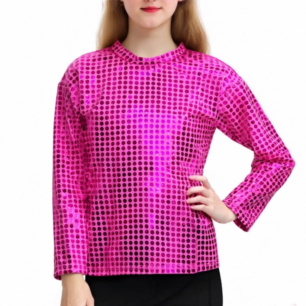 Blusas y camisas de manga larga con cuello redondo Conjunto de rendimiento con brillo para niños Camiseta versátil de manga larga con cuello redondo para niños Camiseta de poliéster para niños