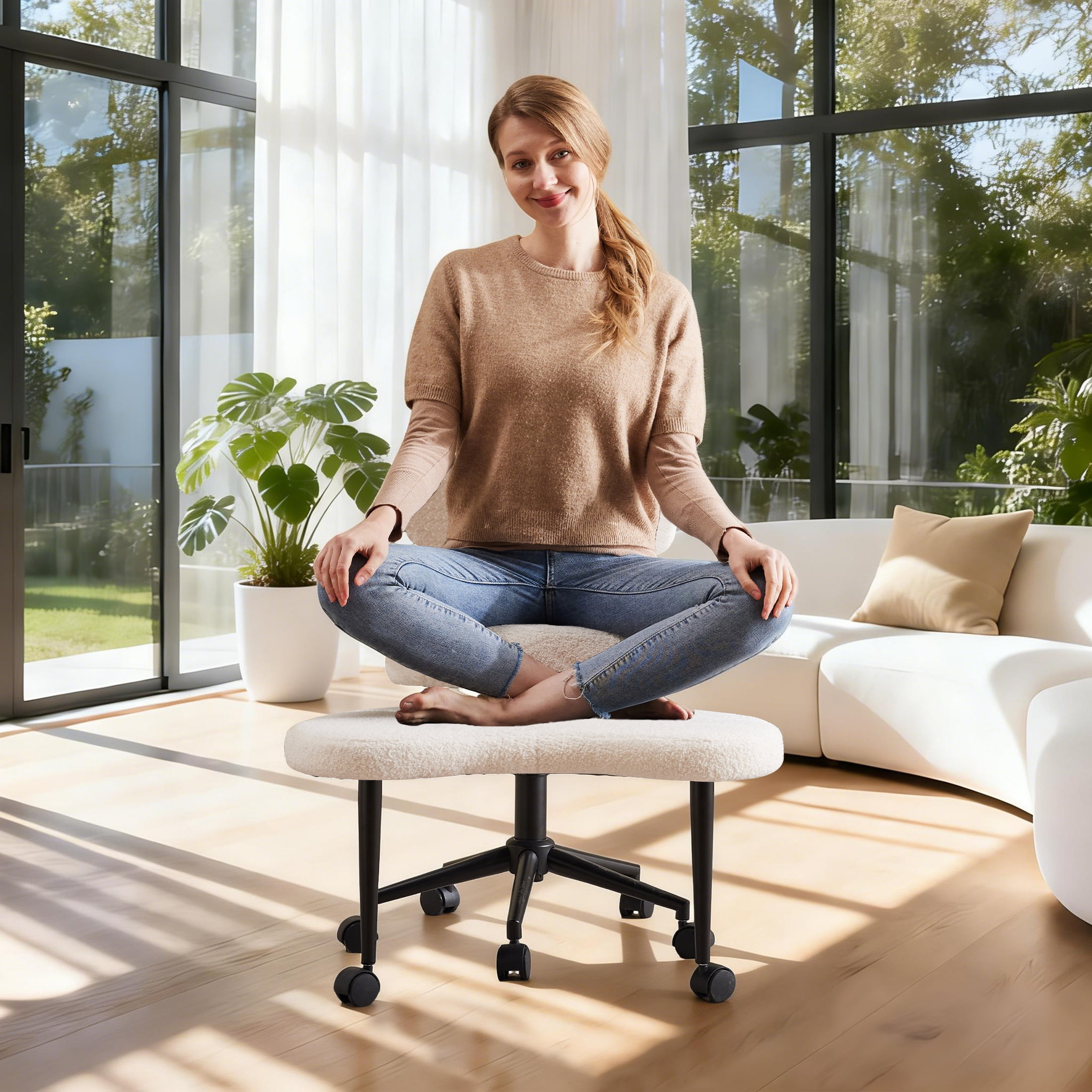 edx Ergonomic Cross Legged Swivel Chair with Back Support, Adjustable Height Meditation Chair, 360° Rotating Footrest, Rolling Office Floor Chair, White