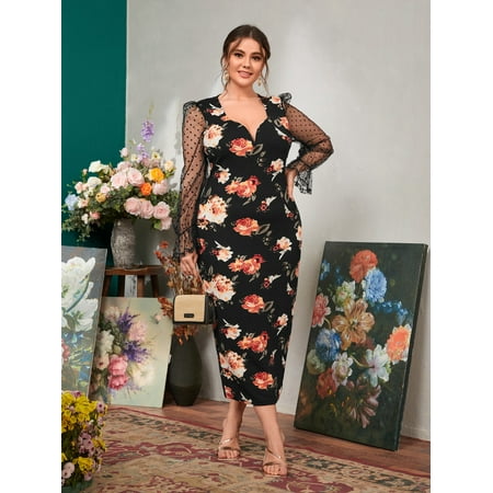 

Multicolor Elegant Women s Plus Floral Print Mesh Flounce Sleeve Dress 2022 0XL(12) Y060D