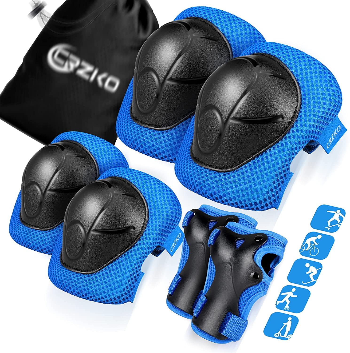 CRZKO Kids Protective Gear Knee Pads and Elbow Pads 6 in 1 Set with Wrist Guard and Adjustable Strap for Rollerblading Skateboard Cycling Skating Bike Scooter