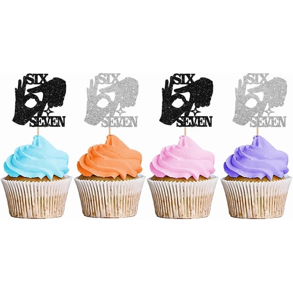 Black & Silver Glitter Six Seven Hand Sign Cupcake Toppers, 12 Pack Funny 6-7th Birthday Cupcake Picks, 6-7 Birthday Party Dessert Decor