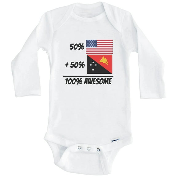 50% American Plus 50% Papuan Equals 100% Awesome Cute Papua New Guinea Flag One Piece Baby Bodysuit (Long Sleeve), 0-3 Months White