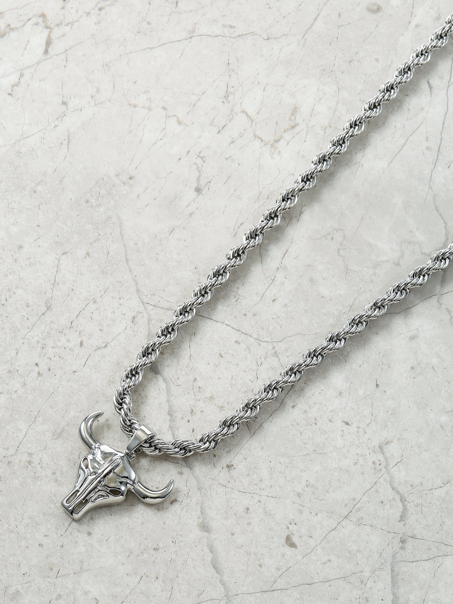 No Boundaries Men's Steer Head Pendant Necklace, Silver-Plated, 1 Pack
