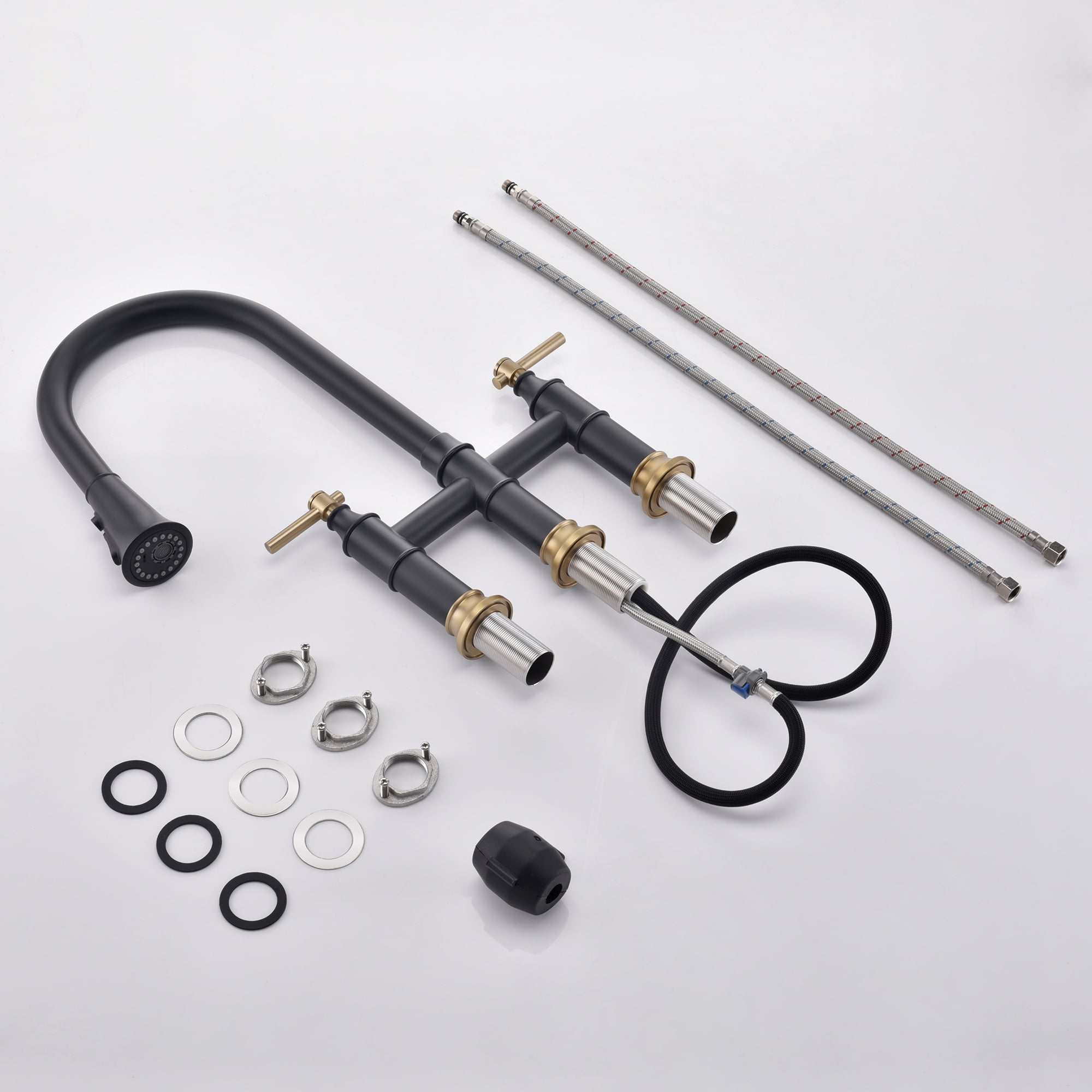 SUMERAIN Bridge Kitchen Faucet with Pull Down Sprayer 2 Handle 3 Hole Kitchen Sink Faucet 8 Inch Centerset Black&Gold