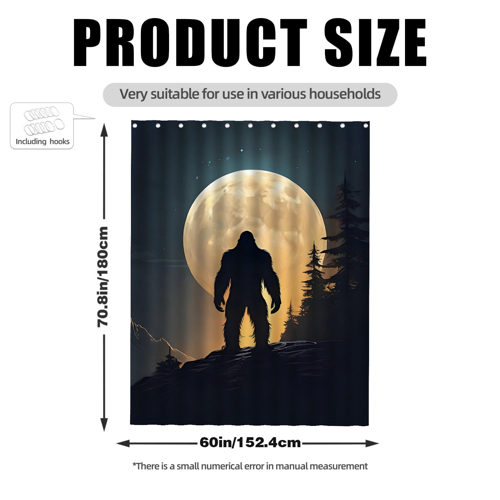 Bigfoot Shower Curtains Moutain Waterproof Bathroom Curtains with Hooks, Unique Moonlight Bigfoot Themed Bathroom Decor