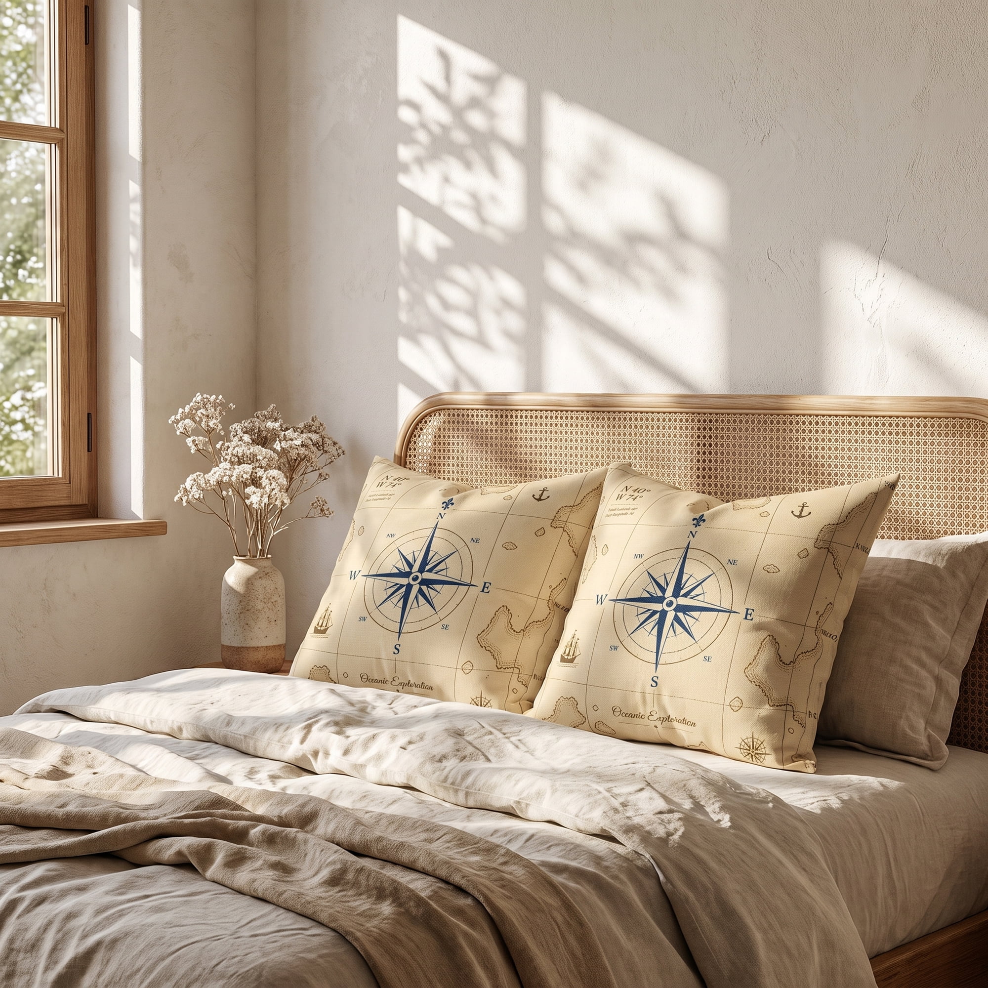 Unique Bargains Nautical Decorative Throw Pillow Covers Vintage Coastal Cushion Case Khaki Compass 18"x18"
