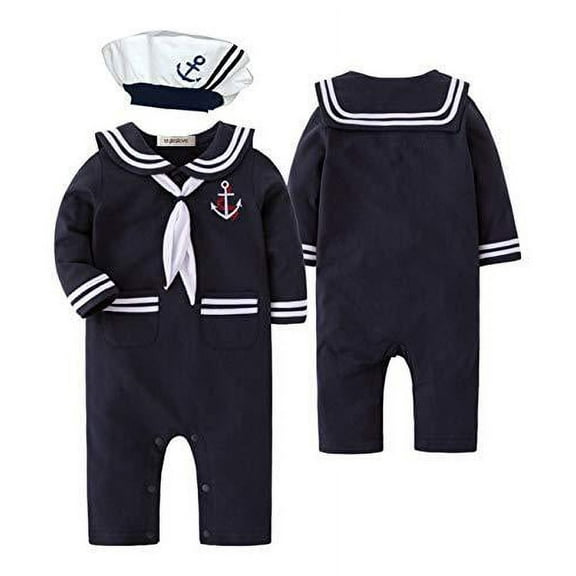 stylesilove.com Baby Boy Marine Sailor Cotton Romper Onesie with Hat and Necktie 3pcs Holiday Outfit Costume