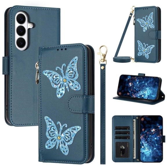 For Samsung Galaxy S26 5G 6.3-inch Wallet Case Glitter Butterfly Multi-Card Slots Zipper Wallet With Detachable Lanyard Shoulder Strap and Hand Strap Leather Phone Case,Blue,For Galaxy S26 (5G)