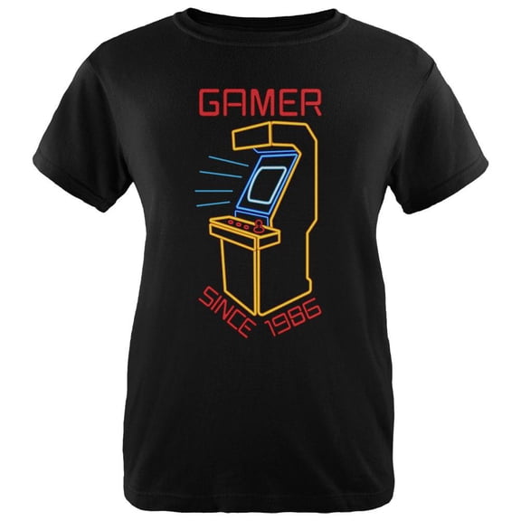 Retro Neon Sign Arcade Birthday 1986 Womens T Shirt Black LG