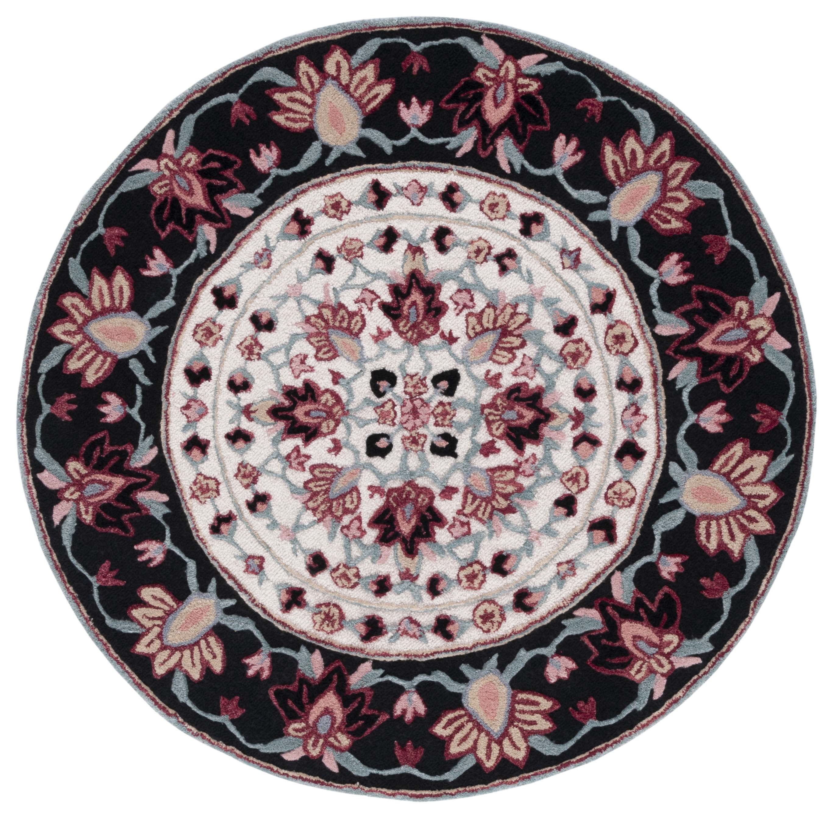 SAFAVIEH Bellagio Vanessa Floral Wool Area Rug, Black/Ivory, 5' x 5' Round