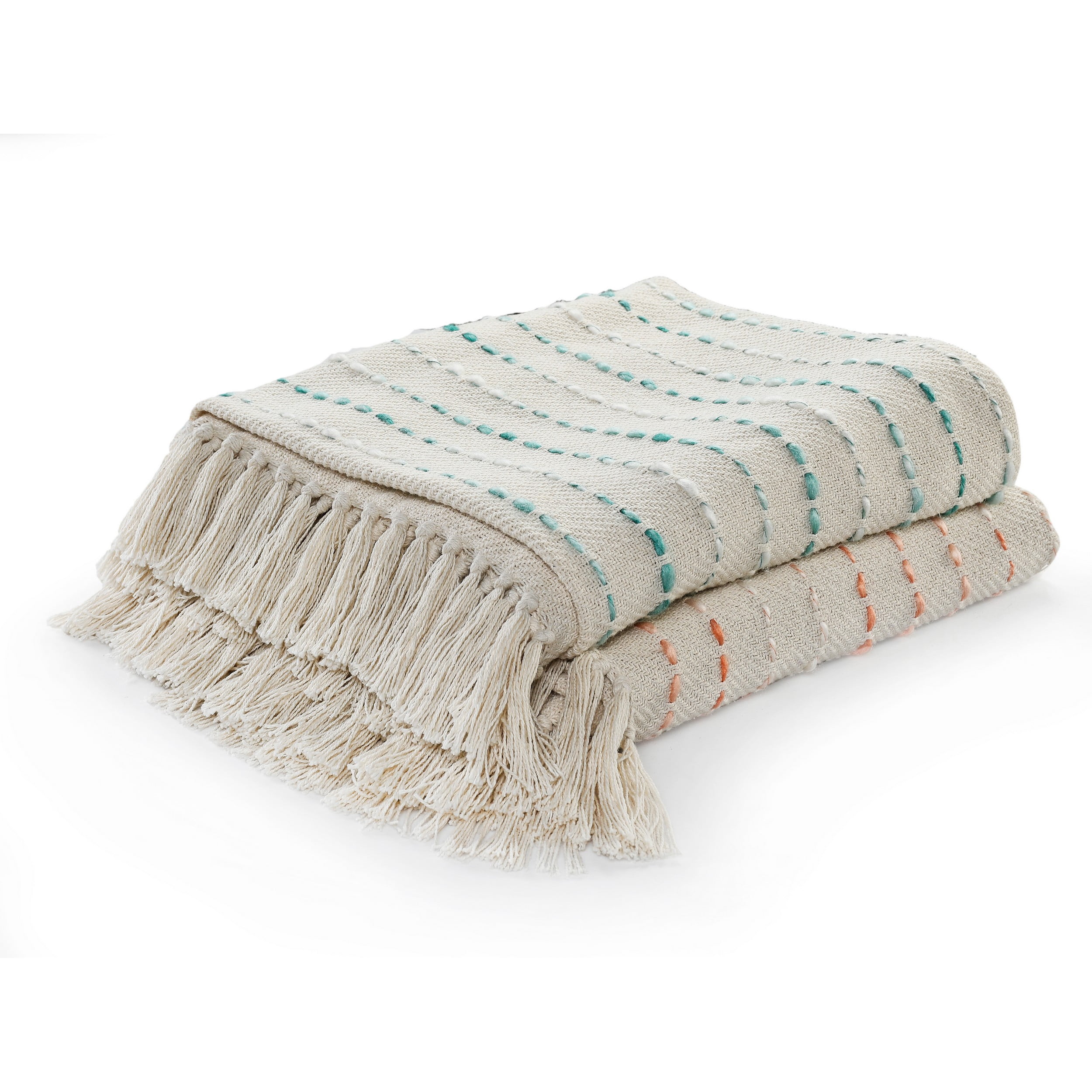 LR Home Melanie Teal/Cream Striped Embroidered with Fringe Adult Cotton Throw Blanket, 50" x 60"