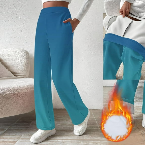 Gamivast Fleece Lined Pants for Women Gradient Winter Straight Wide Leg Warm Thermal Pants with Pockets Cozy Pull On Outdoor Sweatpants Hiking Cold Weather Joggers