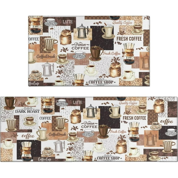 Coffee Kitchen Rug Set of 2, Vintage Coffee Kitchen Decorative Floor Mats for Kitchen Sink Laundry Room, 17x30 17x47 Inch
