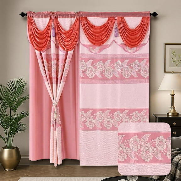 YHSF Jacquard Window Curtains for Living Room and Bedrooms - 54" W x 84" L 2-Panel Set Fancy Curtains with Valance Attached & 2 Tassle Tie Backs - Fancy Living Room Curtain with Valance - Blush Peach