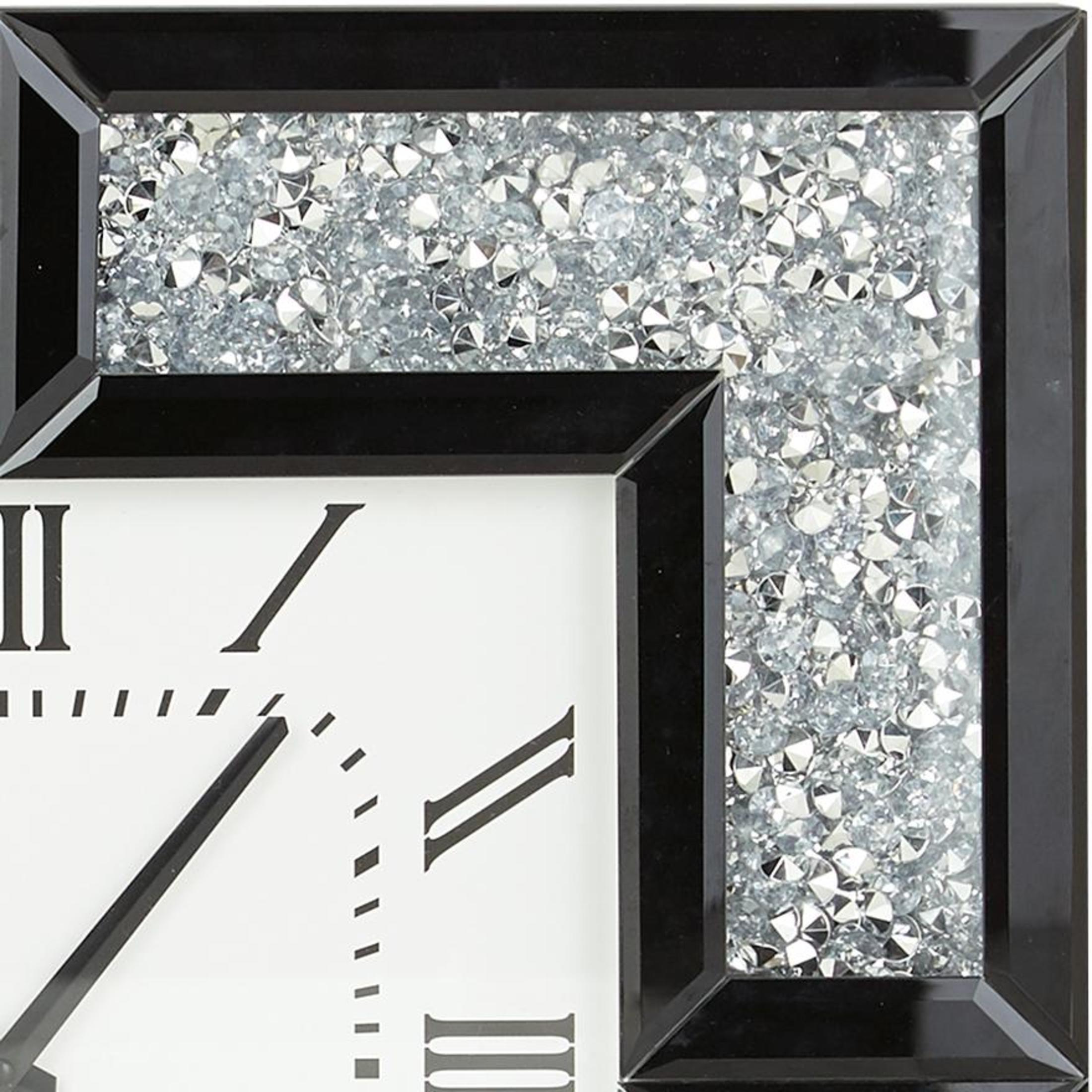 DecMode 20" Black Glass Mirrored Wall Clock with Floating Crystals