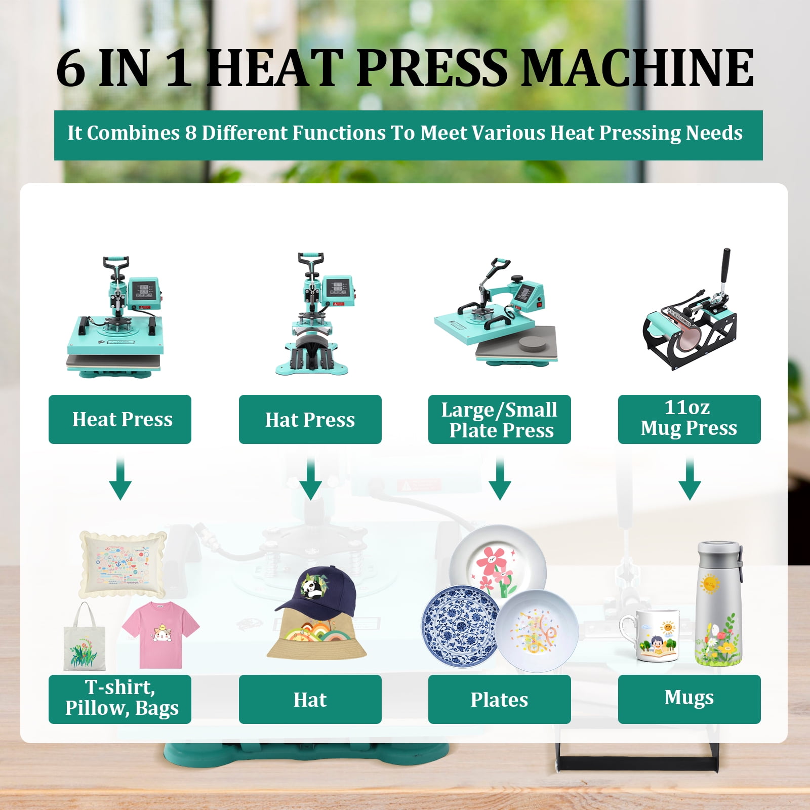 5-in-1 Heat Press Machine, Multifunction Heat Transfer Press for T-Shirts, Hats, Mugs, Plates