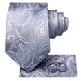 thumbnail image 4 of Hi-Tie Grey Blue Paisley Ties for Men Silk Business Necktie Pocket Square Cufflinks Set Foral Tie Sets Wedding Party, 4 of 6