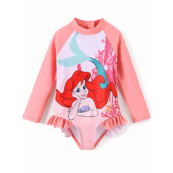 Disney Princess Girls Swimsuit Ariel Summer Vacation Rash Guard Graphic One-Piece Bathing Suits Kids Sizes 2-9