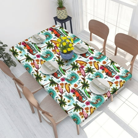 

Home Deluxe Tablecloth Hawaiian Surfer On Wavy Waterproof Elastic Rim Edged Table Cover- For Christmas Parties And Picnics 4ft