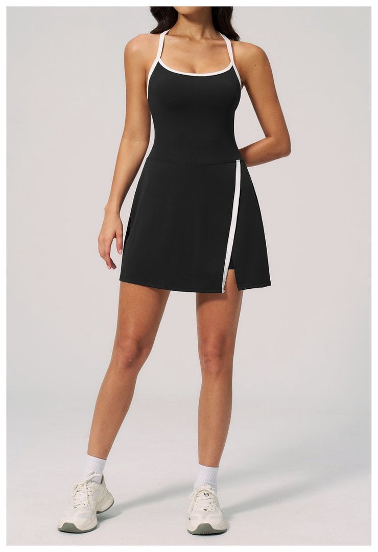PISONIC Womens Workout Athletic Mini Dress with Built-in Shorts Sleeveless Cutout Tennis Dress