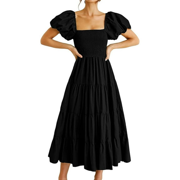 Women's Casual Dress Square Neck Long Tiered Dress With Puff Sleeves For Daily Spring Summer Fall Comfortable Flowy Maxi Dress