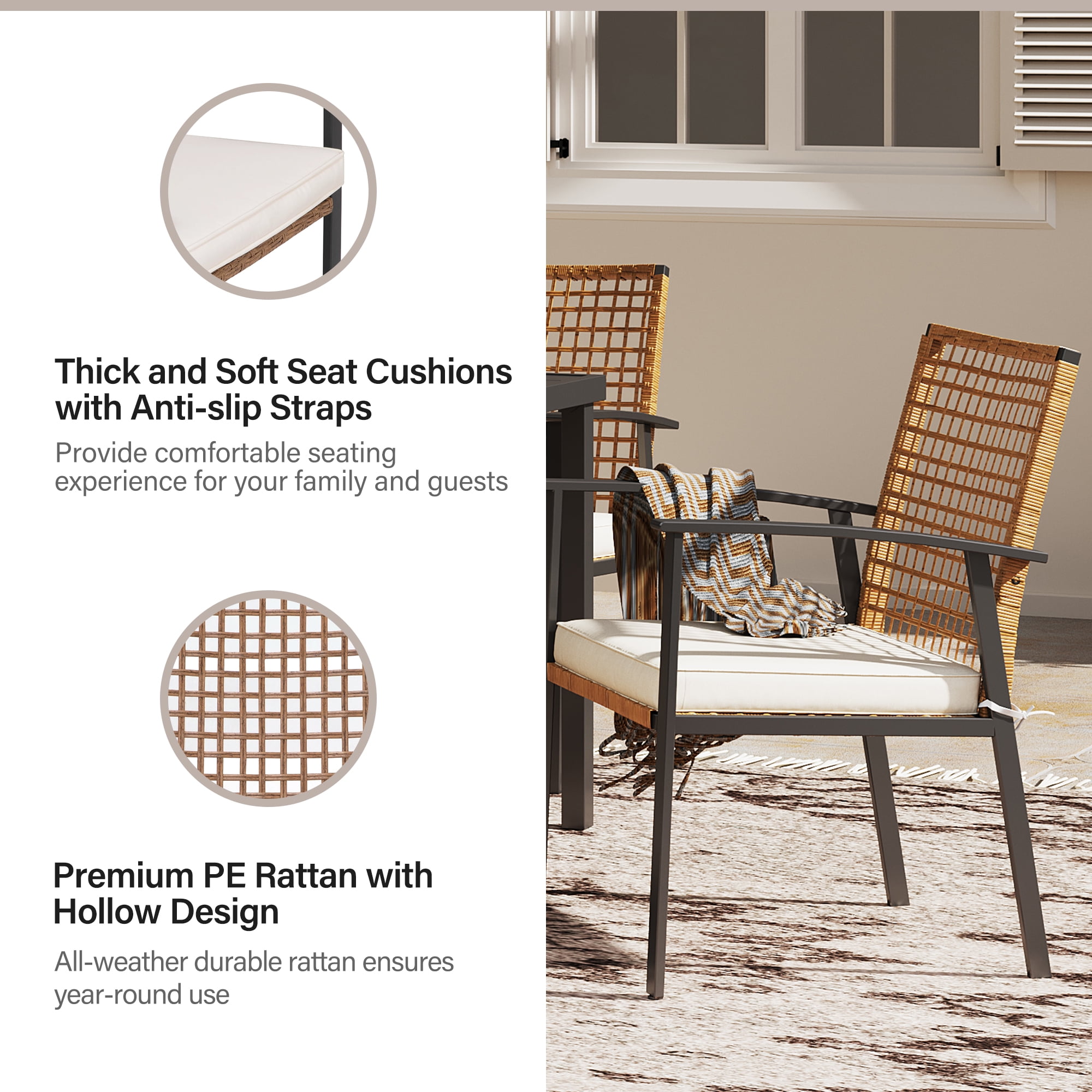 LAUSAINT HOME Patio Dining Set, 5-Piece Outdoor Wicker Furniture with Black Square Table and 4 Brown Wicker Chairs