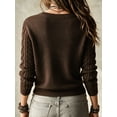 thumbnail image 2 of Women's Dark Brown V-Neck Cable Knit Sweater, Casual Long Sleeve Pullover, 2 of 8