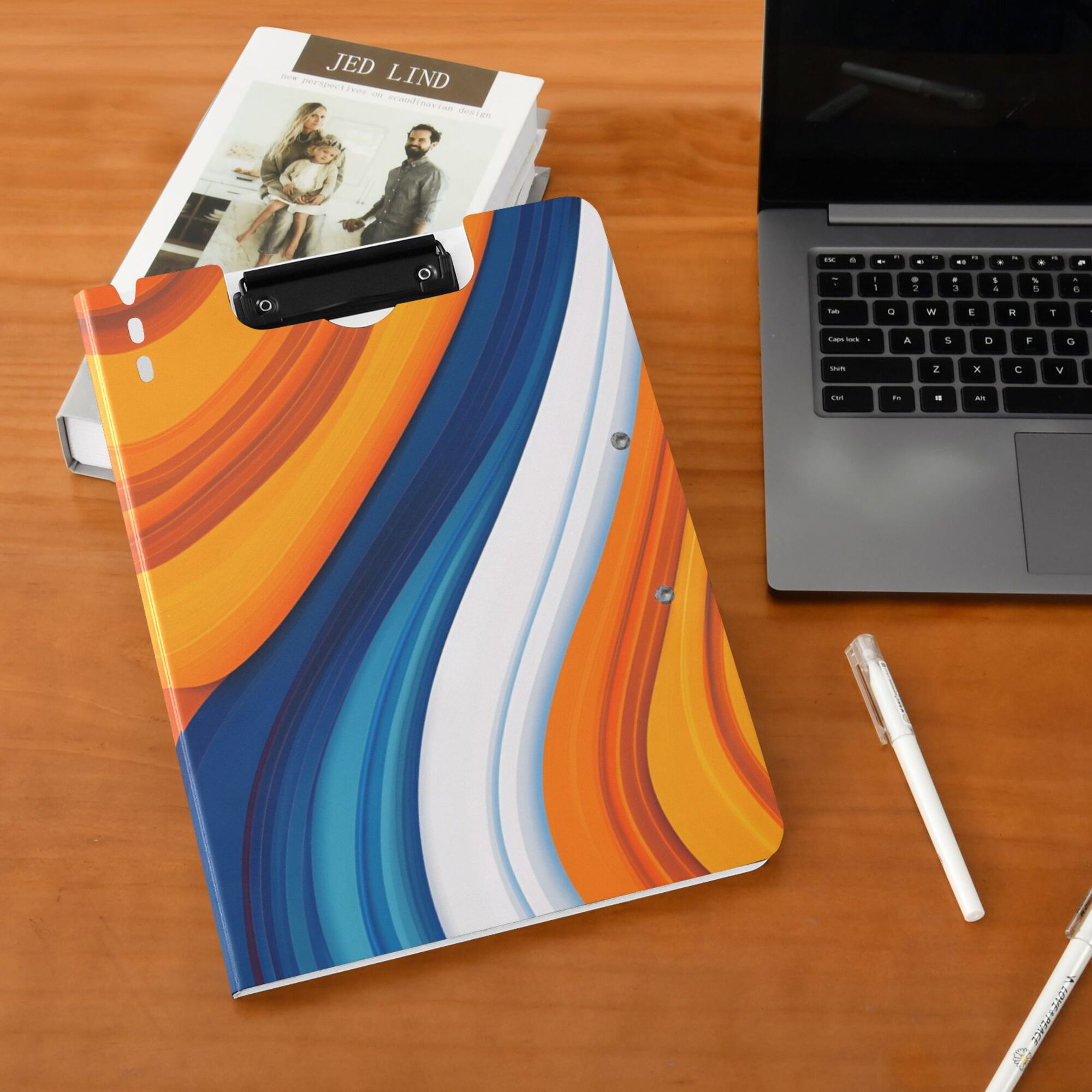 FORMRS A4 Clipboard Folder with Pen Holder Horizontal Foldable School Office Binder, Orange Abstract Wavy
