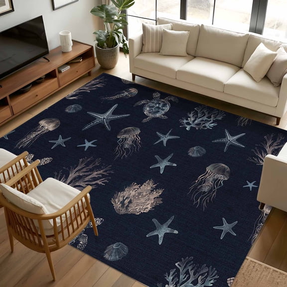 8x10 Area Rugs Navy Blue Coastal Non-Skid Rubber Backing Large Rectangle Rugs - Living Room Bedroom Home Office, Nautical Summer Beach Sea Turtle Starfish Indoor Floor Mat Carpets Washable Rug
