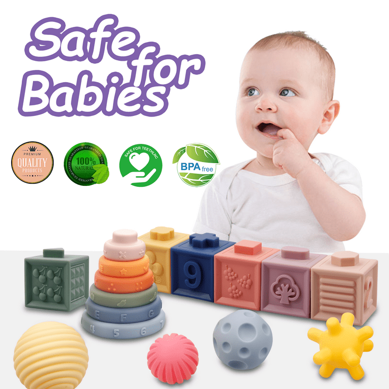 Baby Toys 6 to 12 Months, Soft Building Blocks & Baby Sensory Balls &  Stacking Rings, 3 in 1 Montessori Toys for 1 Year Old, Educational Infant  Toys