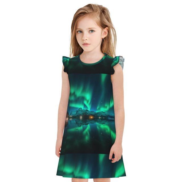 Fotbe Northern Lights Vestido de Dormir para Niñas de 3 a 10 Años, Mangas Cortas, Estilo Princesa, Pijama Camisón con Mangas Voladas-X-Large