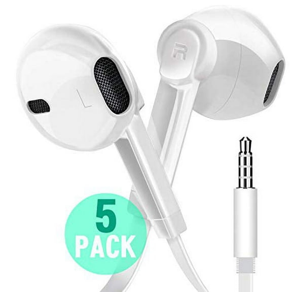 epacks Wired Earbud Headphones with Microphone, Premium Earphones Volume Control Slide-Bar with 3.5mm Port for PCs, Tablets, and Cell Phones in The Office, Classroom or Home, White, 5-Pack