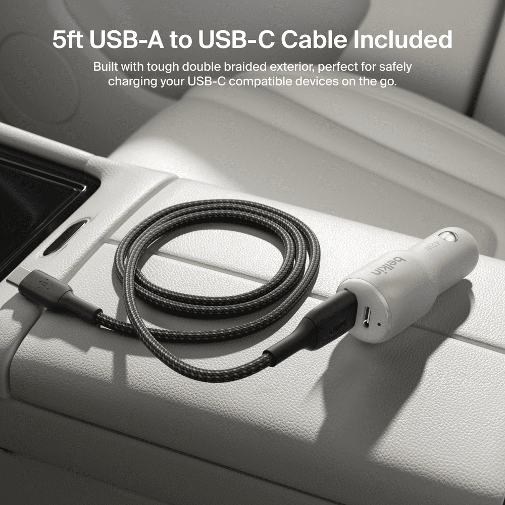 Belkin BoostCharge 42-Watt Dual Port Fast Car Charger w/30W USB-C & 12W USB-A Ports for iPhone 16, 16 Pro, Galaxy S25, S24, Pixel 9 & 8, Nintendo Switch 2 & More - Gray