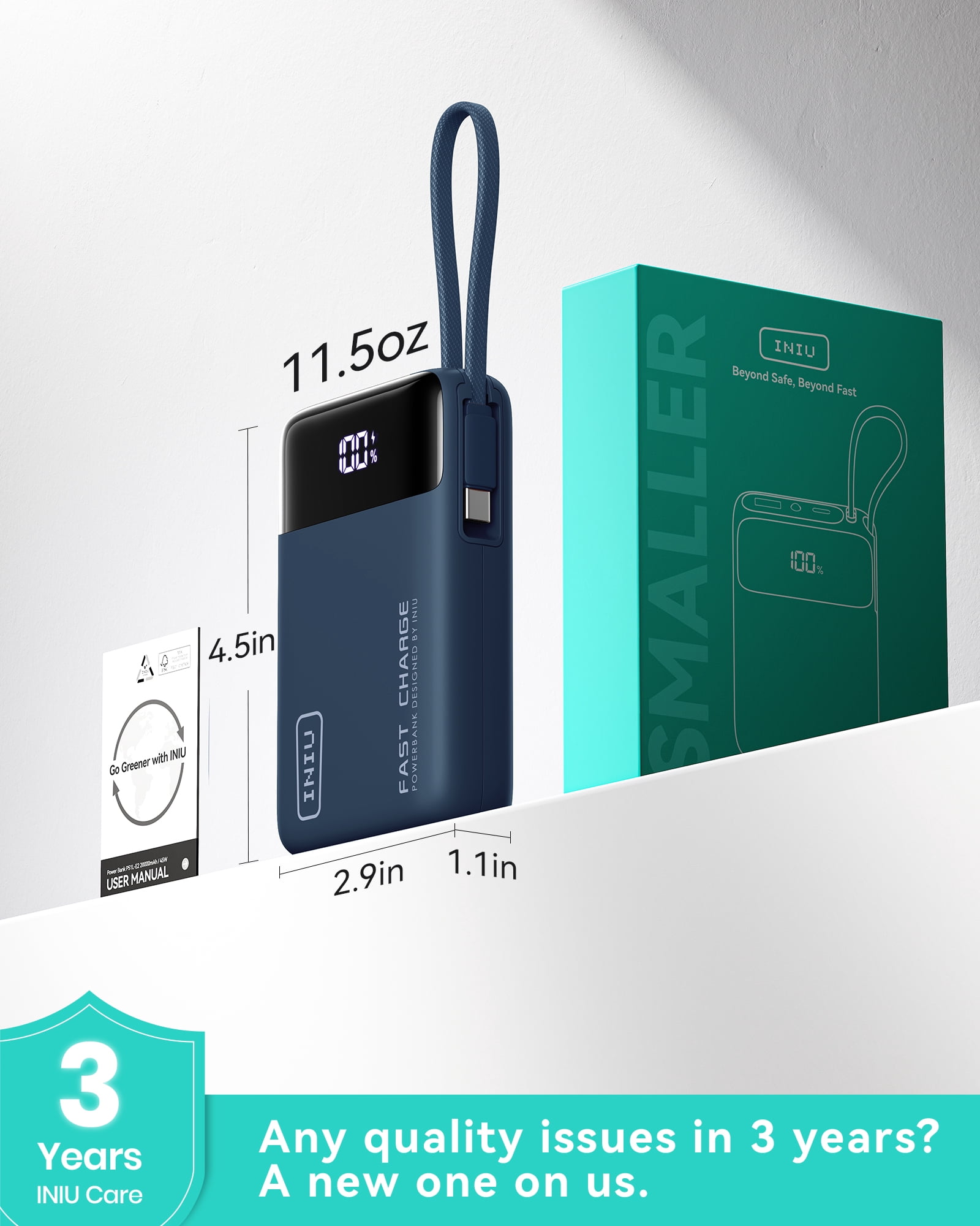 INIU 20,000 mAh Portable Power Bank with Built-in Cables, 45W Fast Portable Charger with USB-C, Battery Pack with LED Display Compatible with iPhone and Android Phone,Hiking,Travel Essentials,Blue
